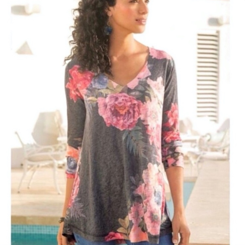 Soft Surroundings Midnight Blooms Floral V-Neck Sweater Size PS